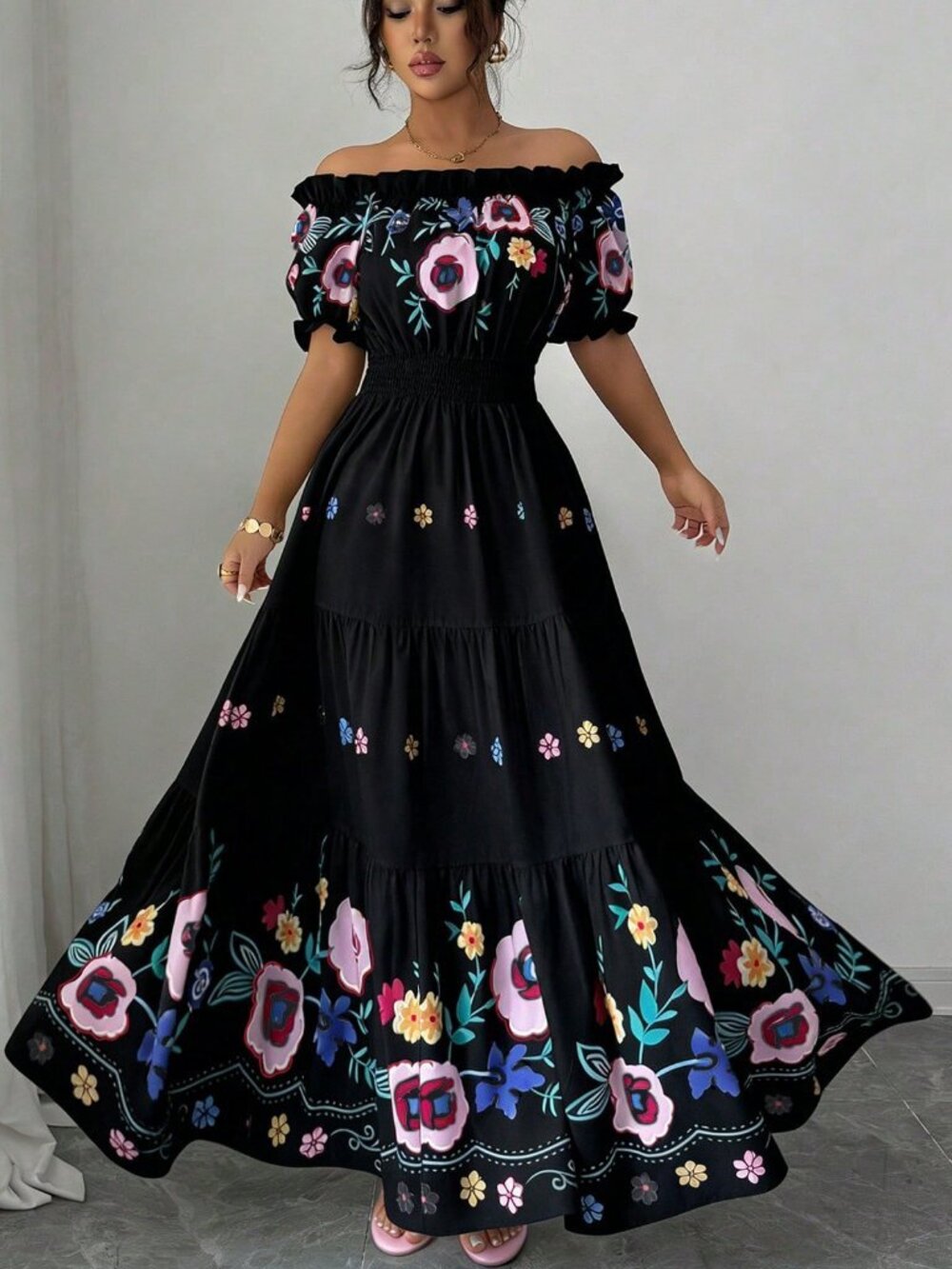 Black Boho Off Shoulder Petal Sleeve Floral Print Waist Flared Women's Dress - Picture 6 of 7